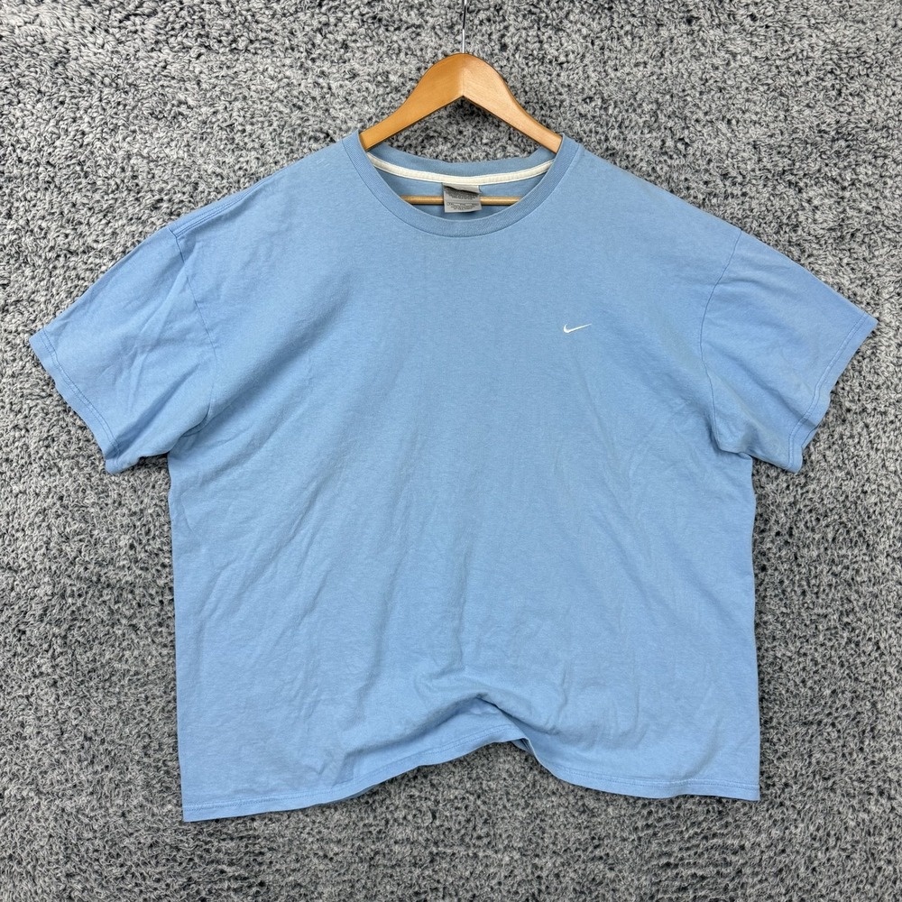 Vintage Nike Shirt Mens 2XL Blue Mini Swoosh Logo Embroidered Tee Crewneck Y2K